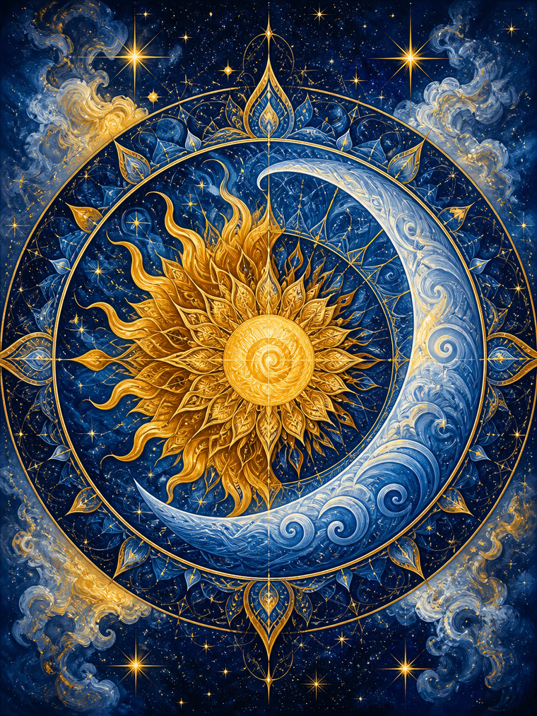 Diamond Painting Zon en Maan Mandala – een originele radiale compositie waarin zonlicht en maanlicht samenkomen