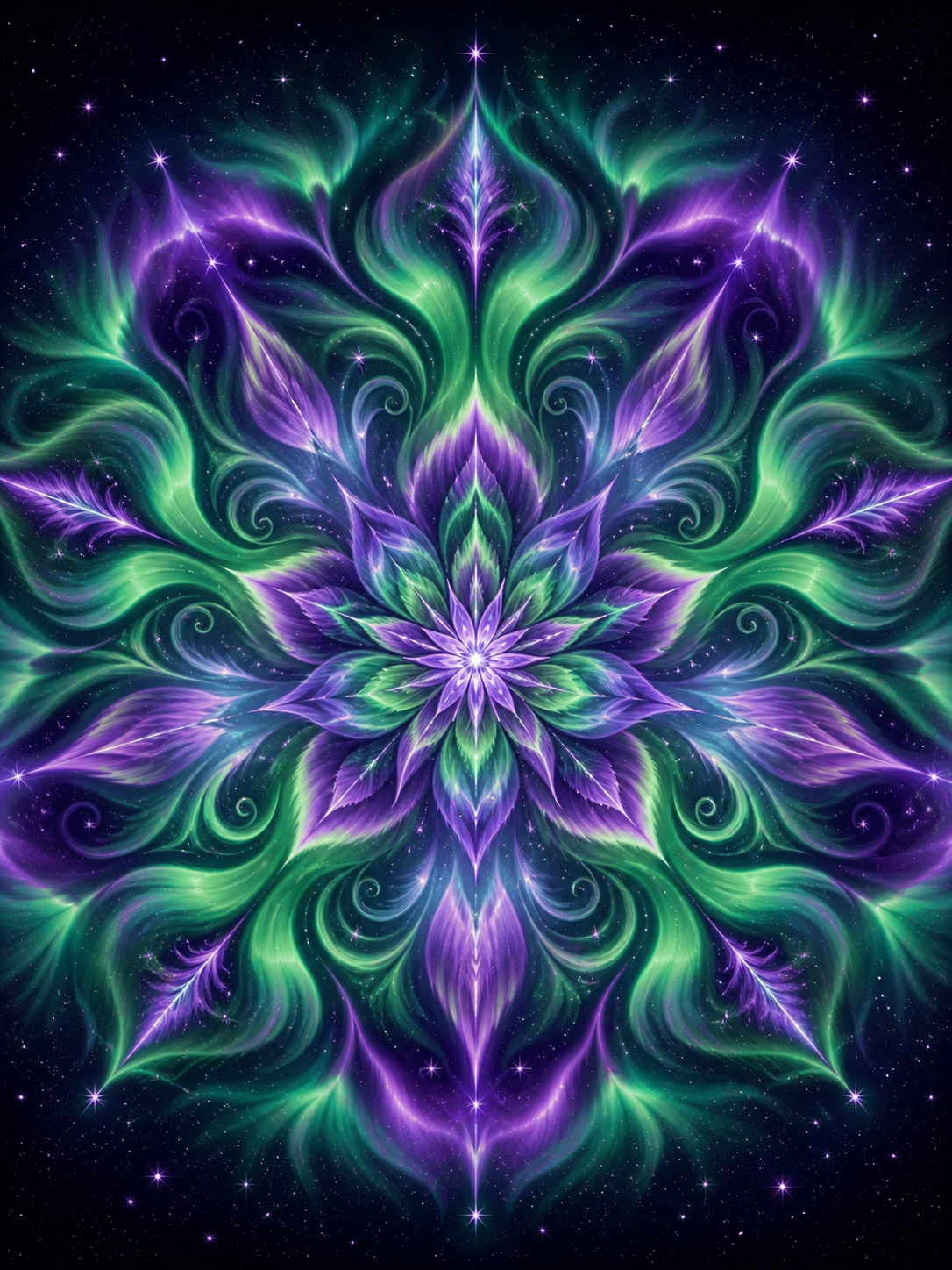 Diamond Painting Noorderlicht Mandala – een mandala van groen en violet noorderlicht tegen een donkere hemel