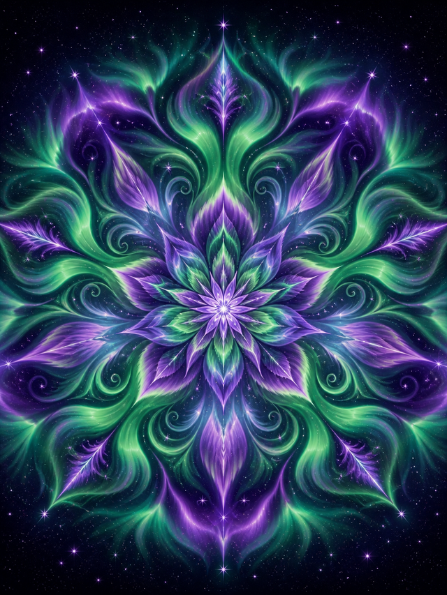 Diamond Painting Noorderlicht Mandala – een mandala van groen en violet noorderlicht tegen een donkere hemel