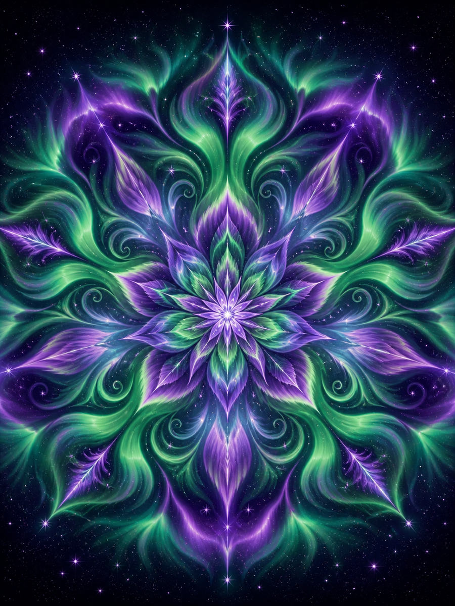 Diamond Painting Noorderlicht Mandala – een mandala van groen en violet noorderlicht tegen een donkere hemel