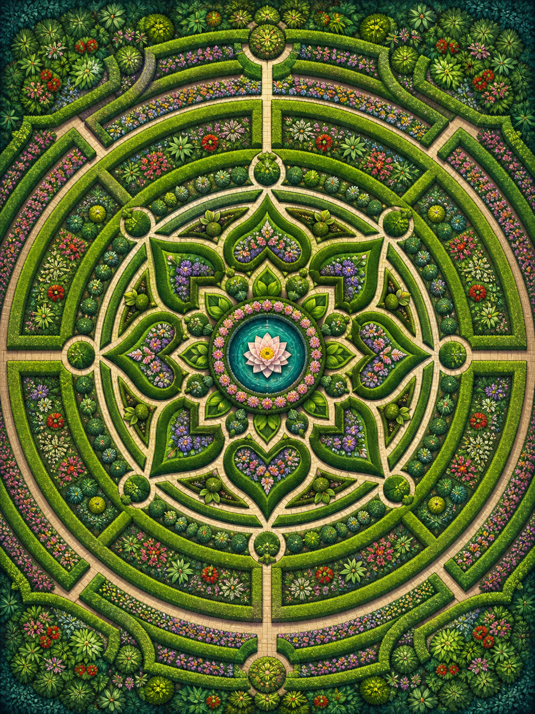 Diamond Painting Grote Tuinlabyrint Mandala – een zeer gedetailleerde groene tuinmandala met labyrintachtige paden