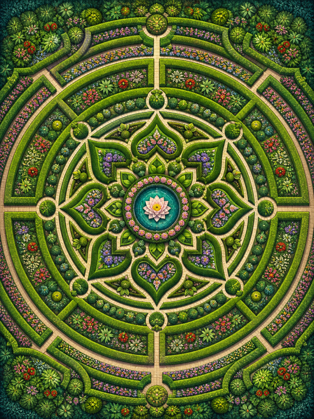 Diamond Painting Grote Tuinlabyrint Mandala – een zeer gedetailleerde groene tuinmandala met labyrintachtige paden