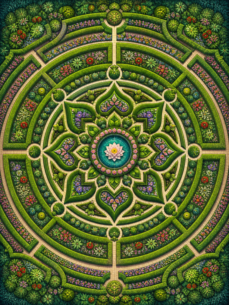 Diamond Painting Grote Tuinlabyrint Mandala – een zeer gedetailleerde groene tuinmandala met labyrintachtige paden