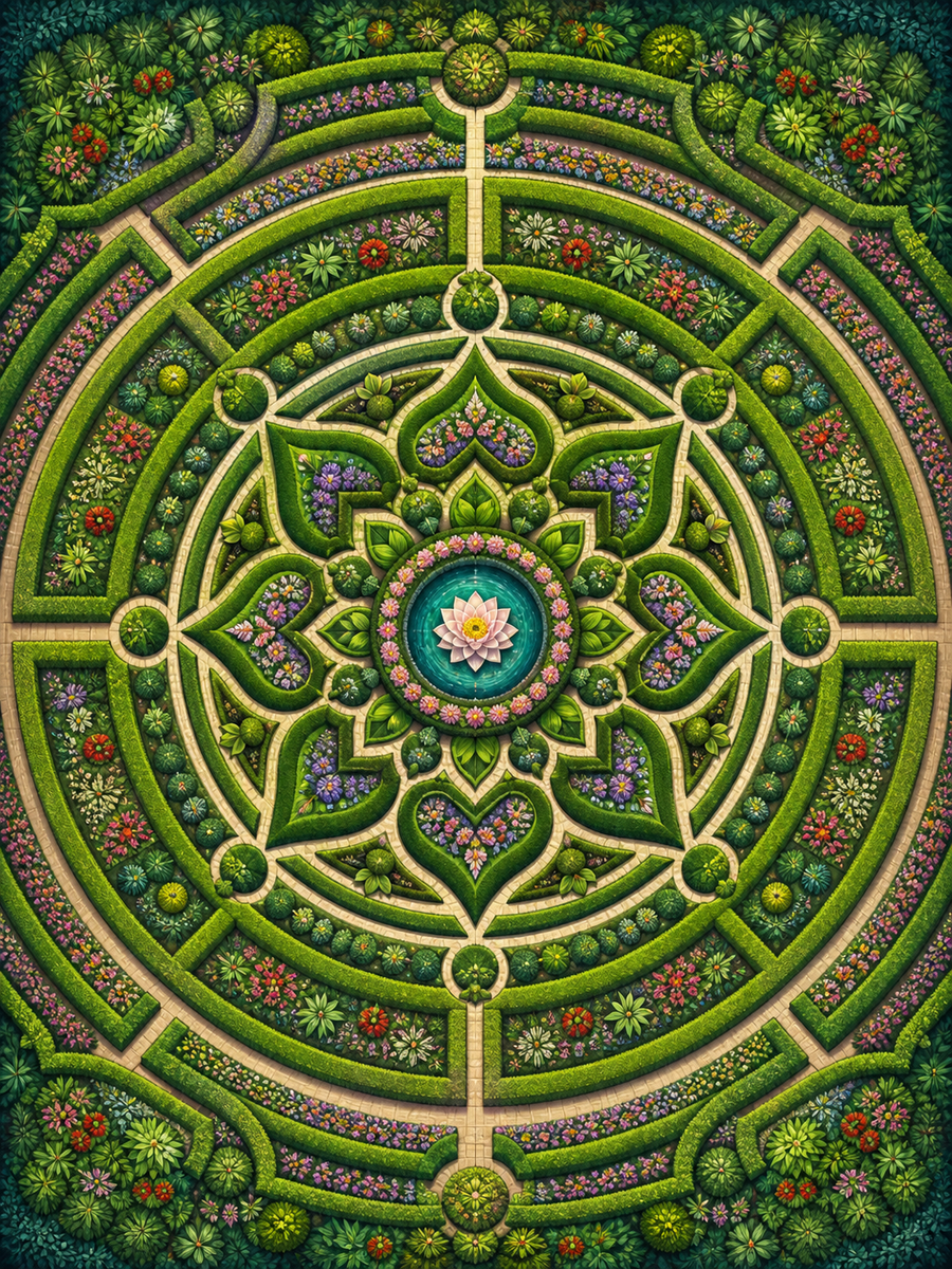 Diamond Painting Grote Tuinlabyrint Mandala – een zeer gedetailleerde groene tuinmandala met labyrintachtige paden