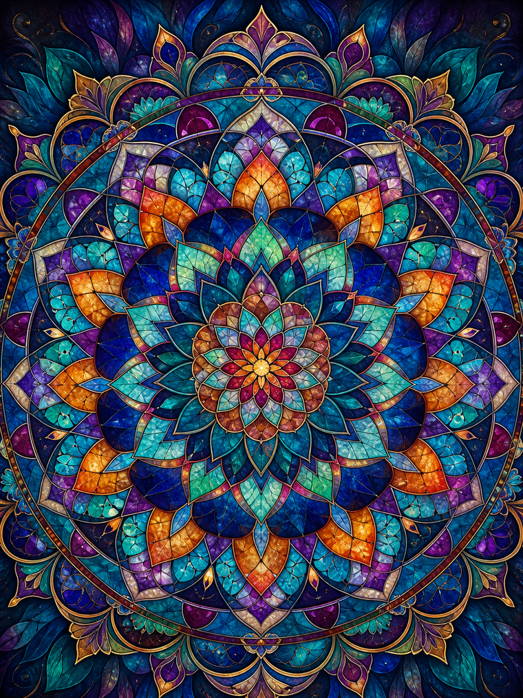Diamond Painting Grote Juweelmozaïek Mandala – een complexe juweelkleurige kaleidoscoop met glasachtige mozaïekvlakken