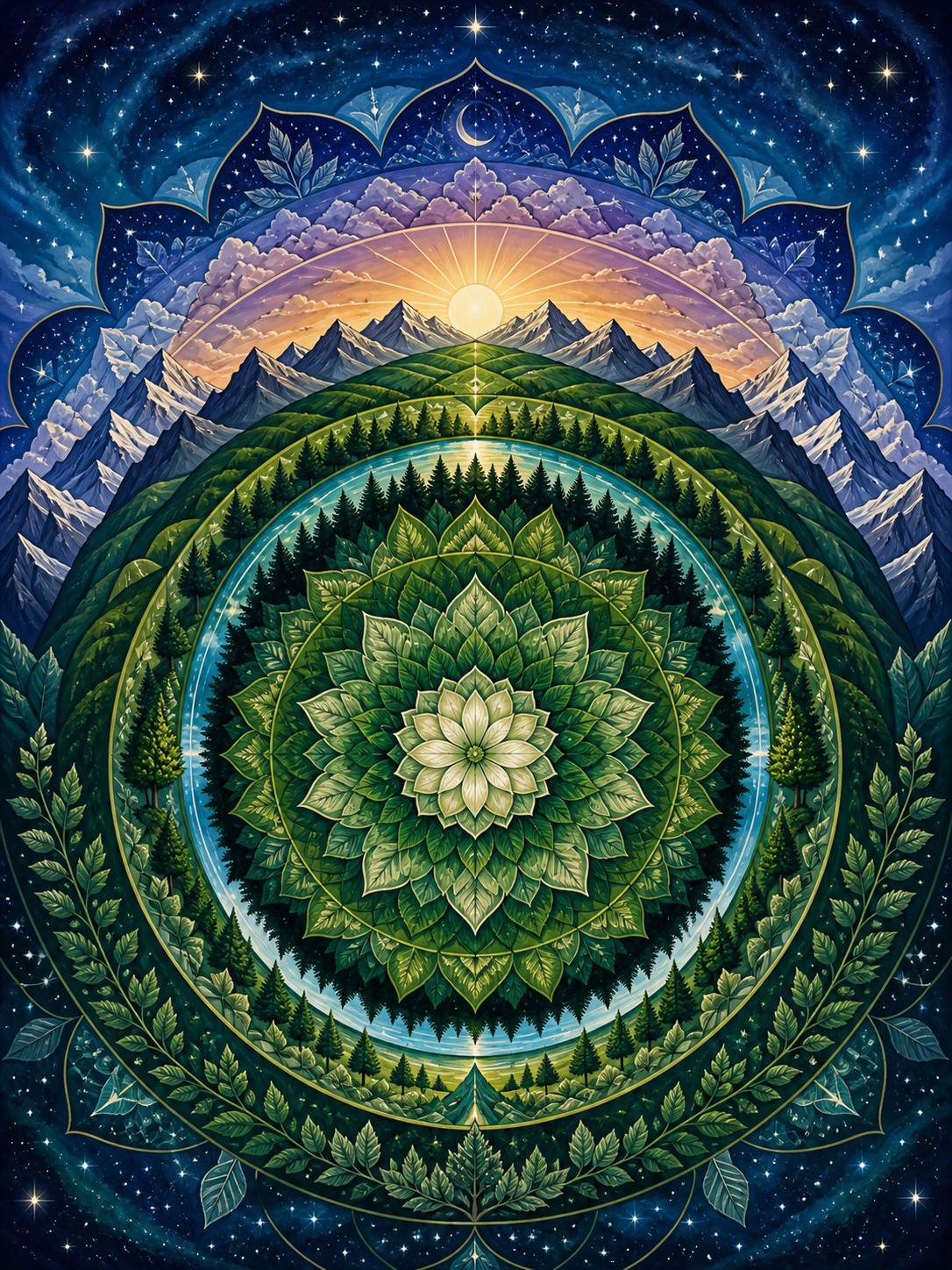 Diamond Painting Grote Bos en Hemel Mandala – een gelaagde mandala die van een groen bos naar een sterrenhemel verloopt