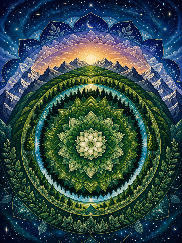 Diamond Painting Grote Bos en Hemel Mandala – een gelaagde mandala die van een groen bos naar een sterrenhemel verloopt