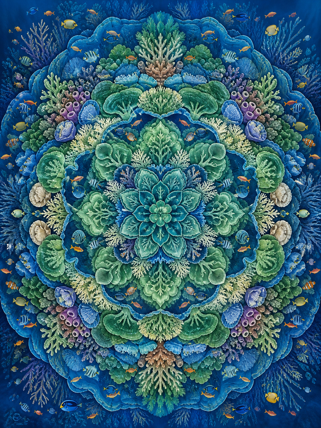 Diamond Painting Grote Koraalrif Mandala – een zeer gedetailleerde onderwatermandala met een origineel koraalrif