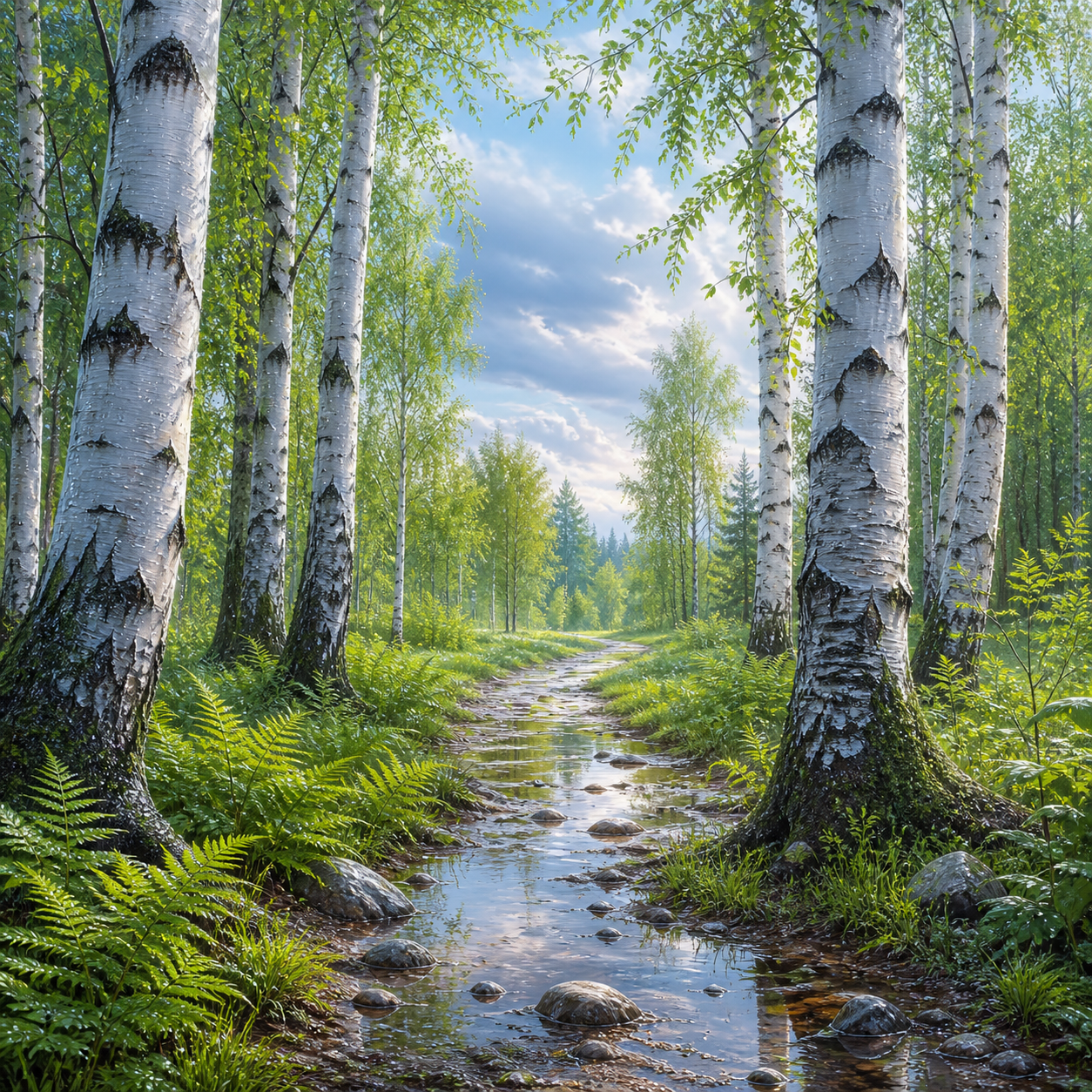 Diamond Painting Berkenbos na de Regen – volledig natuurontwerp