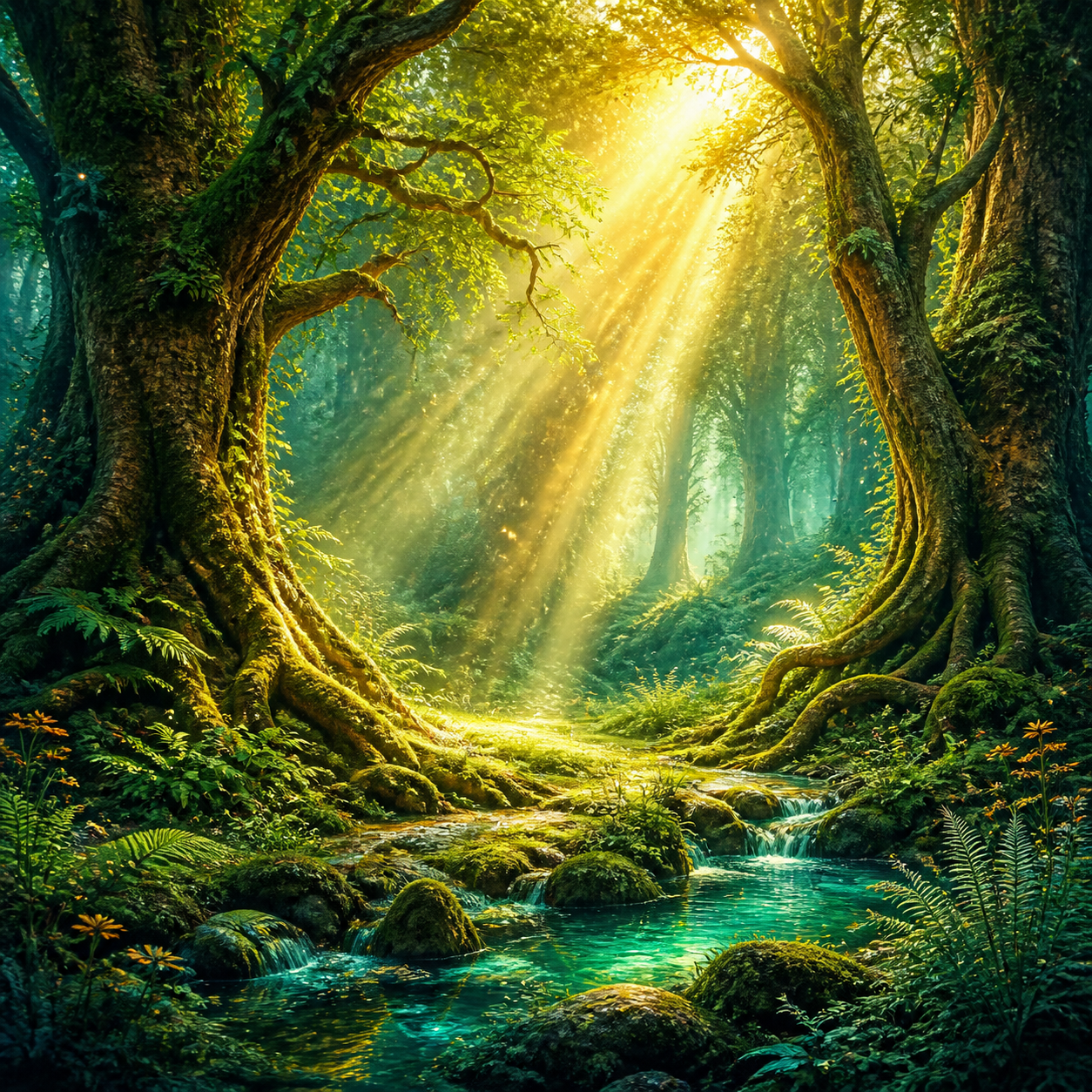 Diamond Painting Sprookjesbos met Lichtstralen – volledig natuurontwerp