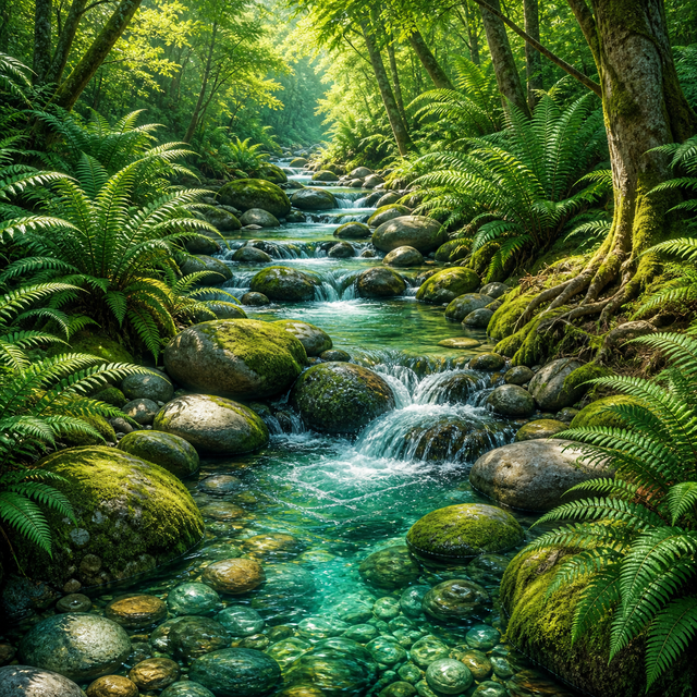 Diamond Painting Bosbeek tussen Varens – volledig natuurontwerp