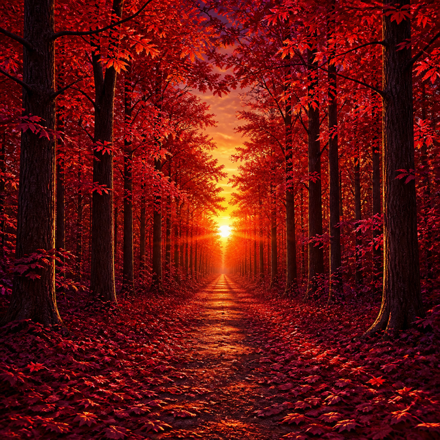 Diamond Painting Rood Bospad bij Zonsondergang – volledig natuurontwerp