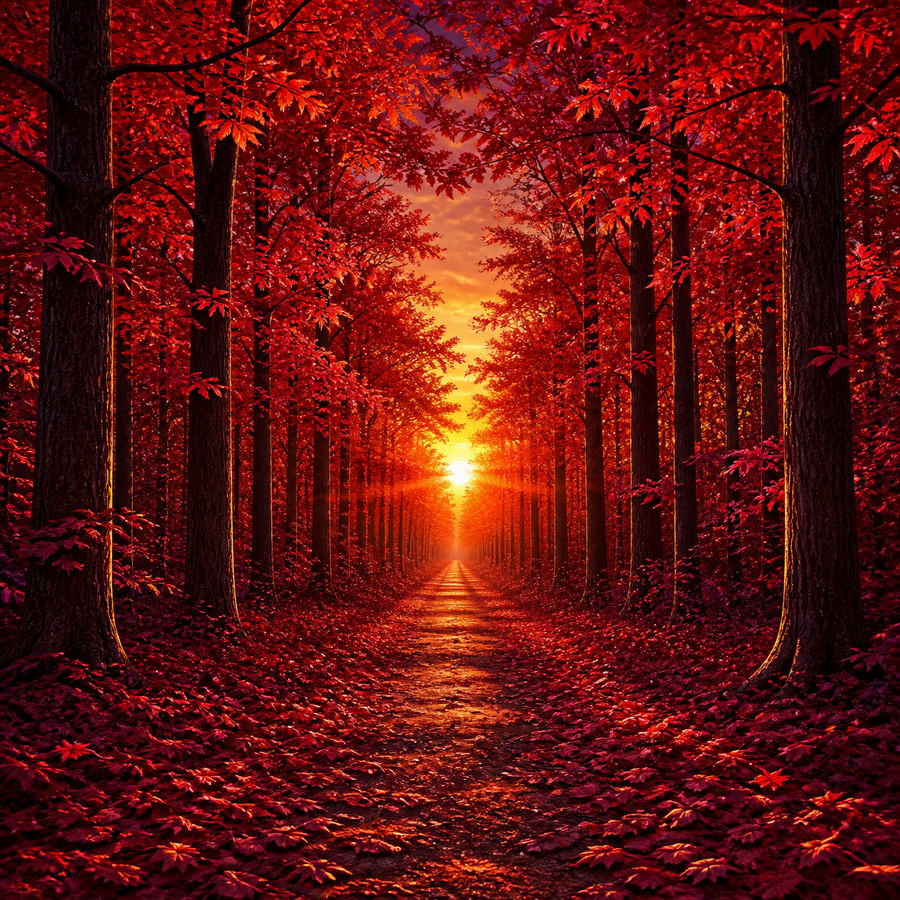 Diamond Painting Rood Bospad bij Zonsondergang – volledig natuurontwerp