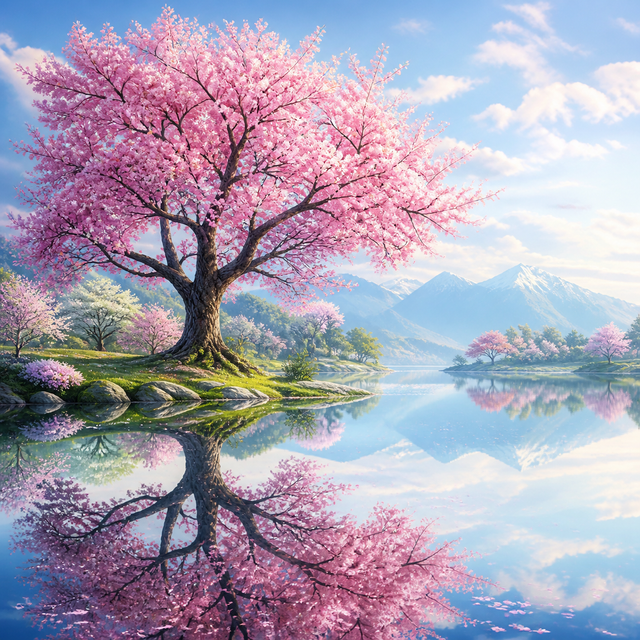 Diamond Painting Bloesemboom aan het Meer – volledig natuurontwerp