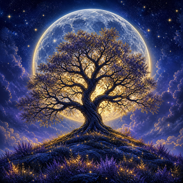 Diamond Painting Levensboom onder de Maan – volledig natuurontwerp