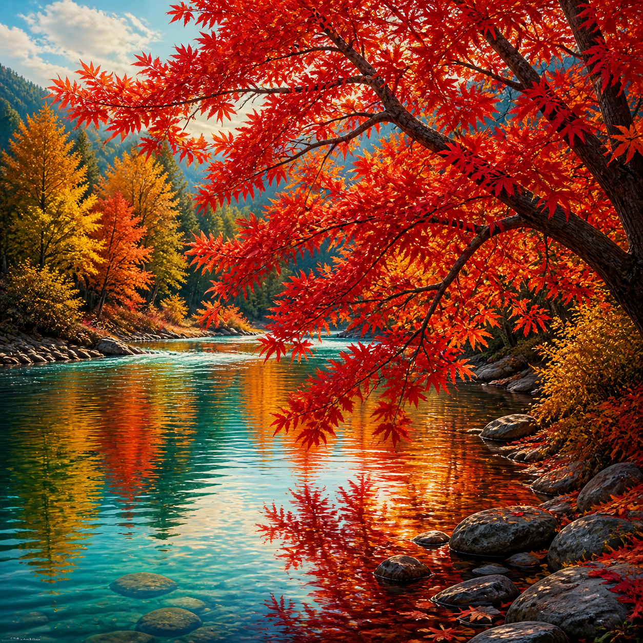 Diamond Painting Rode Esdoorn aan de Rivier – volledig natuurontwerp