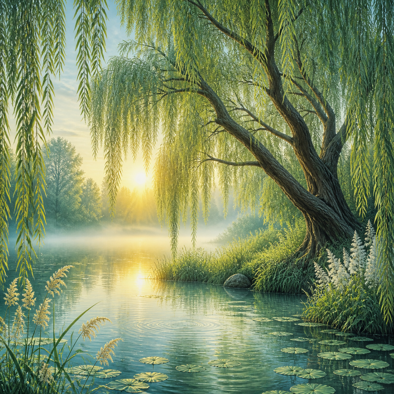 Diamond Painting Wilgenboom bij Ochtendlicht – volledig natuurontwerp