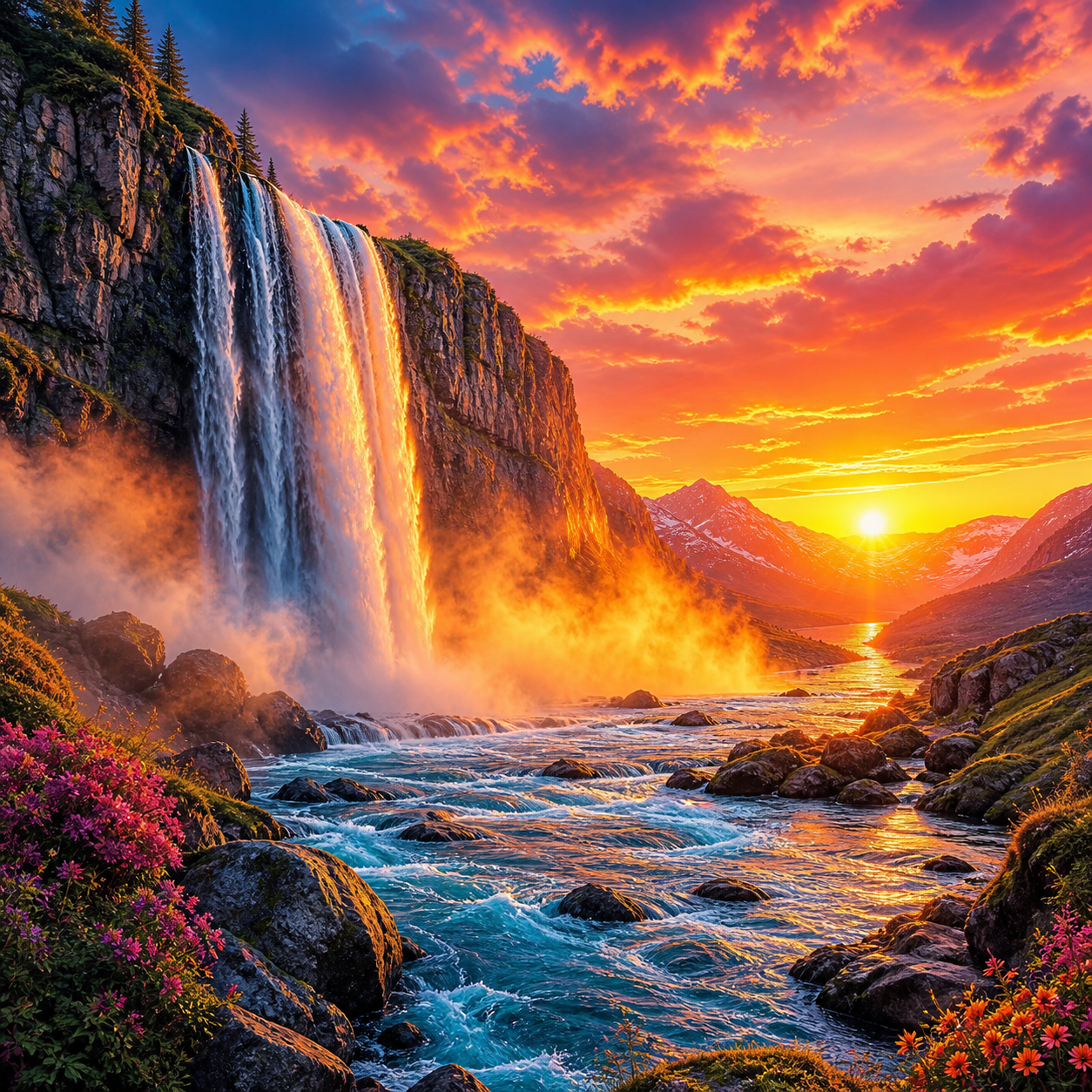 Diamond Painting Waterval bij Zonsondergang – volledig natuurontwerp