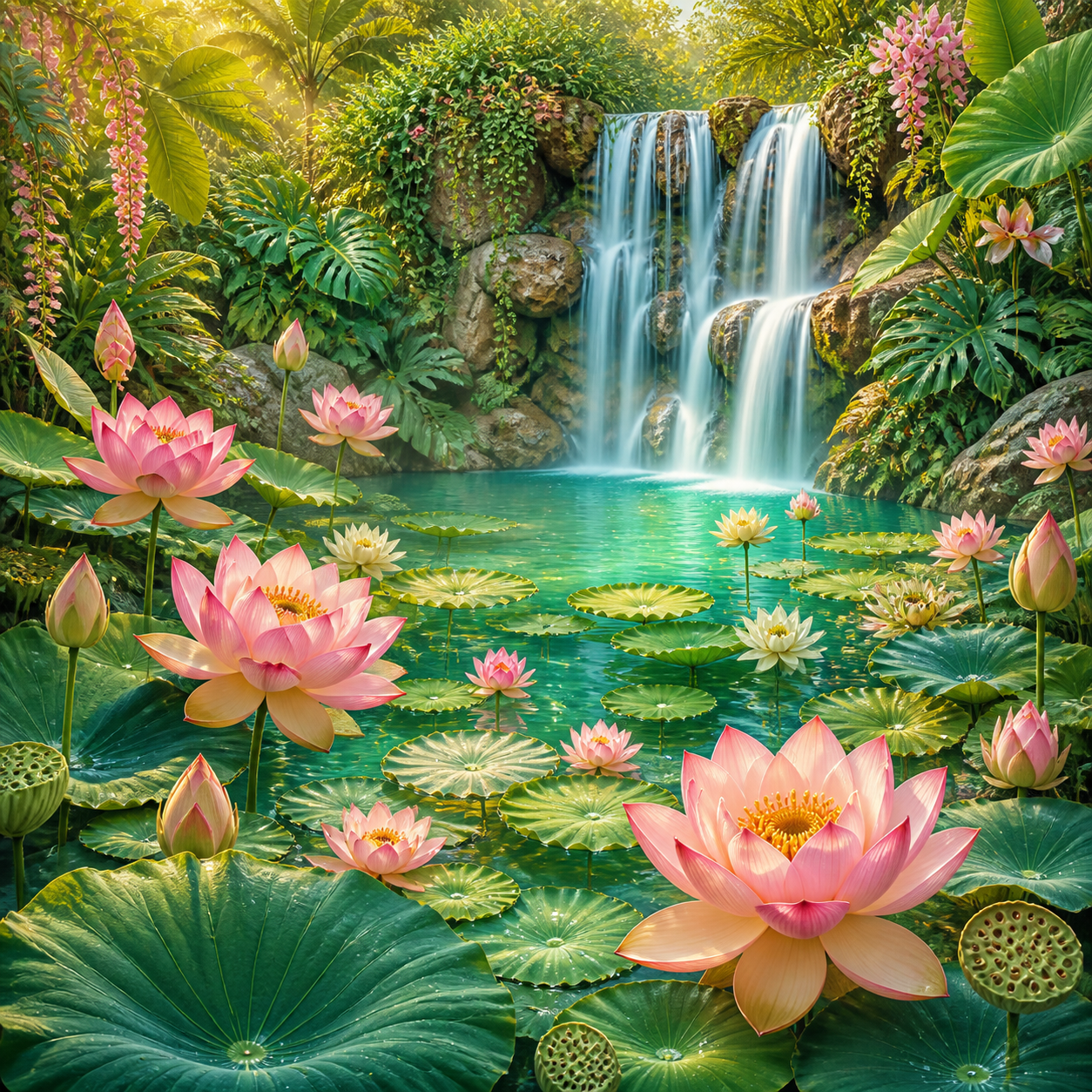 Diamond Painting Verborgen Waterval met Lotussen – volledig natuurontwerp