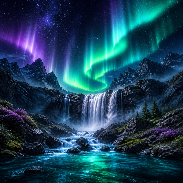 Diamond Painting Noorderlicht boven de Waterval – volledig natuurontwerp