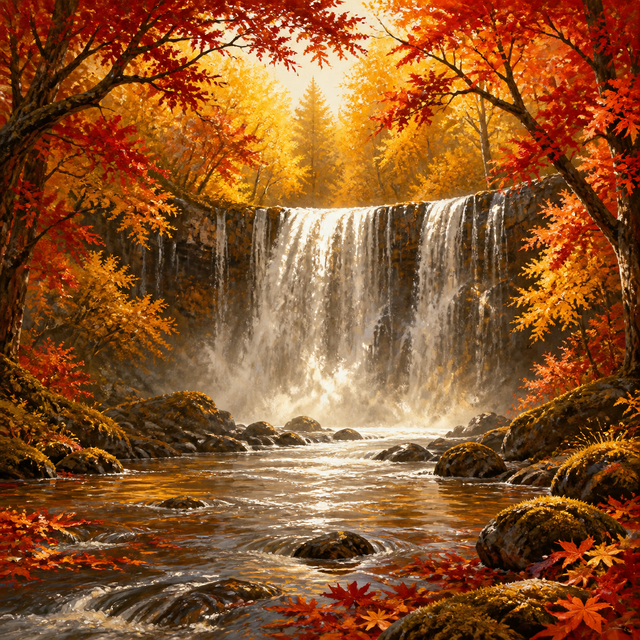 Diamond Painting Herfstwaterval in Rood en Goud – volledig natuurontwerp