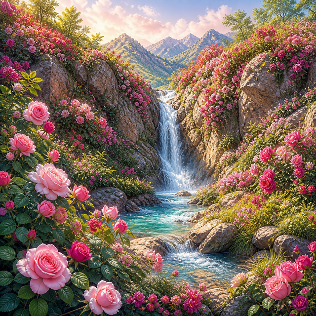 Diamond Painting Waterval in de Rozenvallei – volledig natuurontwerp