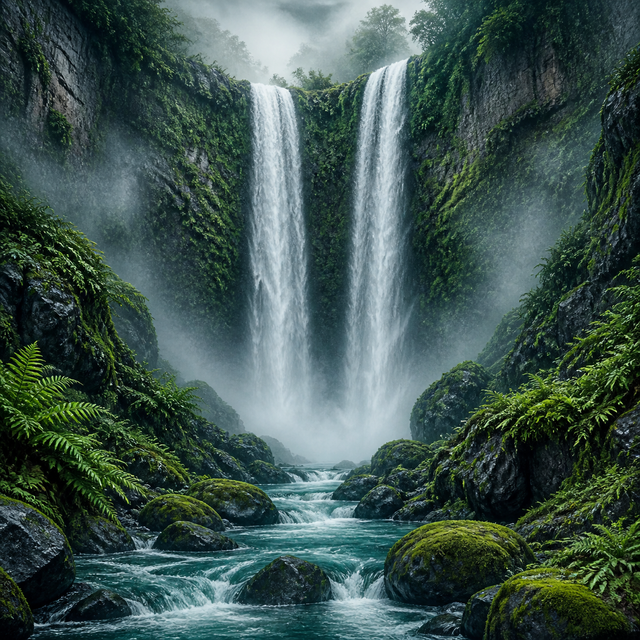 Diamond Painting Dubbele Waterval in de Mist – volledig natuurontwerp