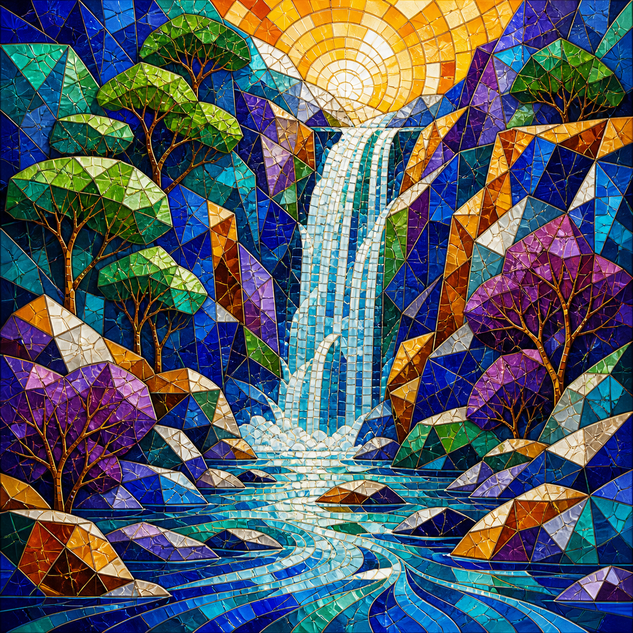 Diamond Painting Kleurrijke Mozaïekwaterval – volledig natuurontwerp