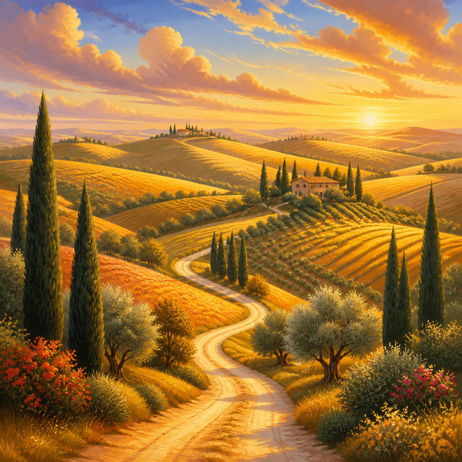 Diamond Painting Gouden Heuvels in Toscaanse Sfeer – volledig natuurontwerp