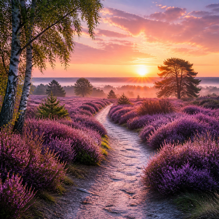 Diamond Painting Paarse Heide bij Zonsopkomst – volledig natuurontwerp