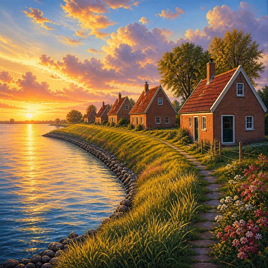 Diamond Painting Dijkhuisjes bij Avondlicht – volledig natuurontwerp