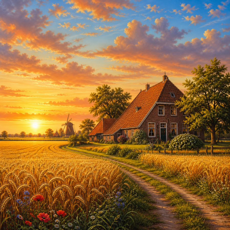 Diamond Painting Gouden Velden met Boerderij – volledig natuurontwerp