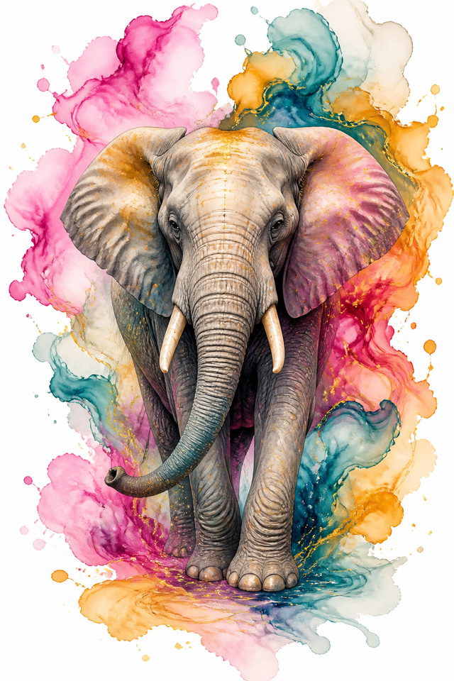 Diamond Painting Kleurrijke Olifant met Inktbloemen – volledig olifantontwerp