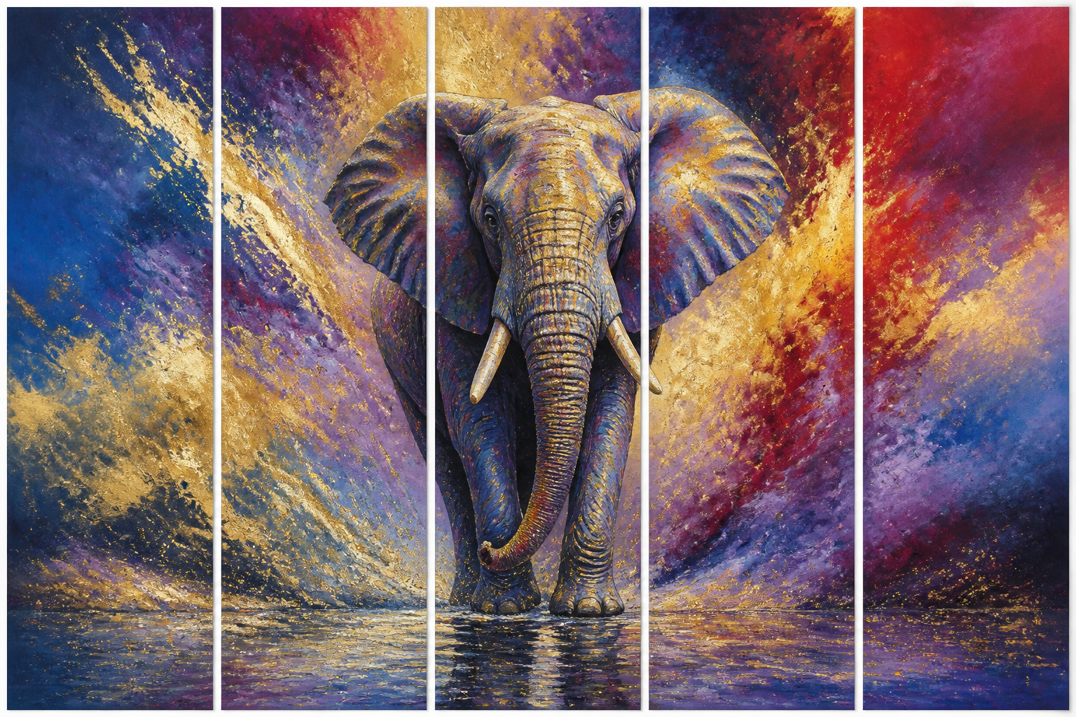 Diamond Painting Olifant Kleurenexplosie 5-luik – volledig olifantontwerp in 5 panelen