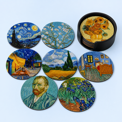Acht diamond painting onderzetters met Van Gogh-motieven en zwarte houder