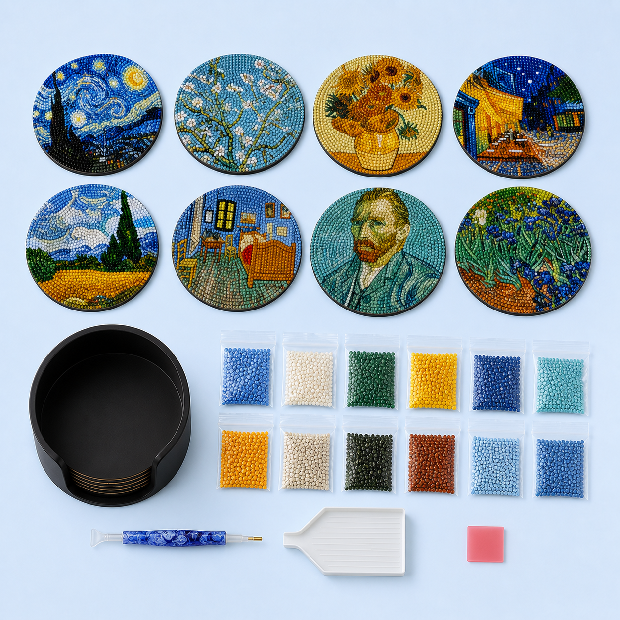 Inhoud van de Van Gogh diamond painting onderzetterset met steentjes en gereedschap