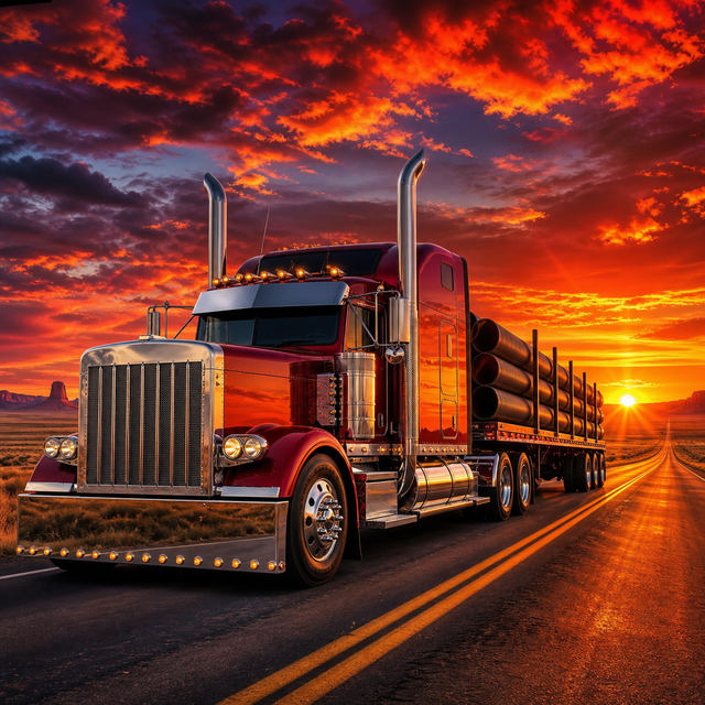 Diamond Painting Amerikaanse Vrachtwagen bij Zonsondergang – volledig origineel vrachtwagenontwerp