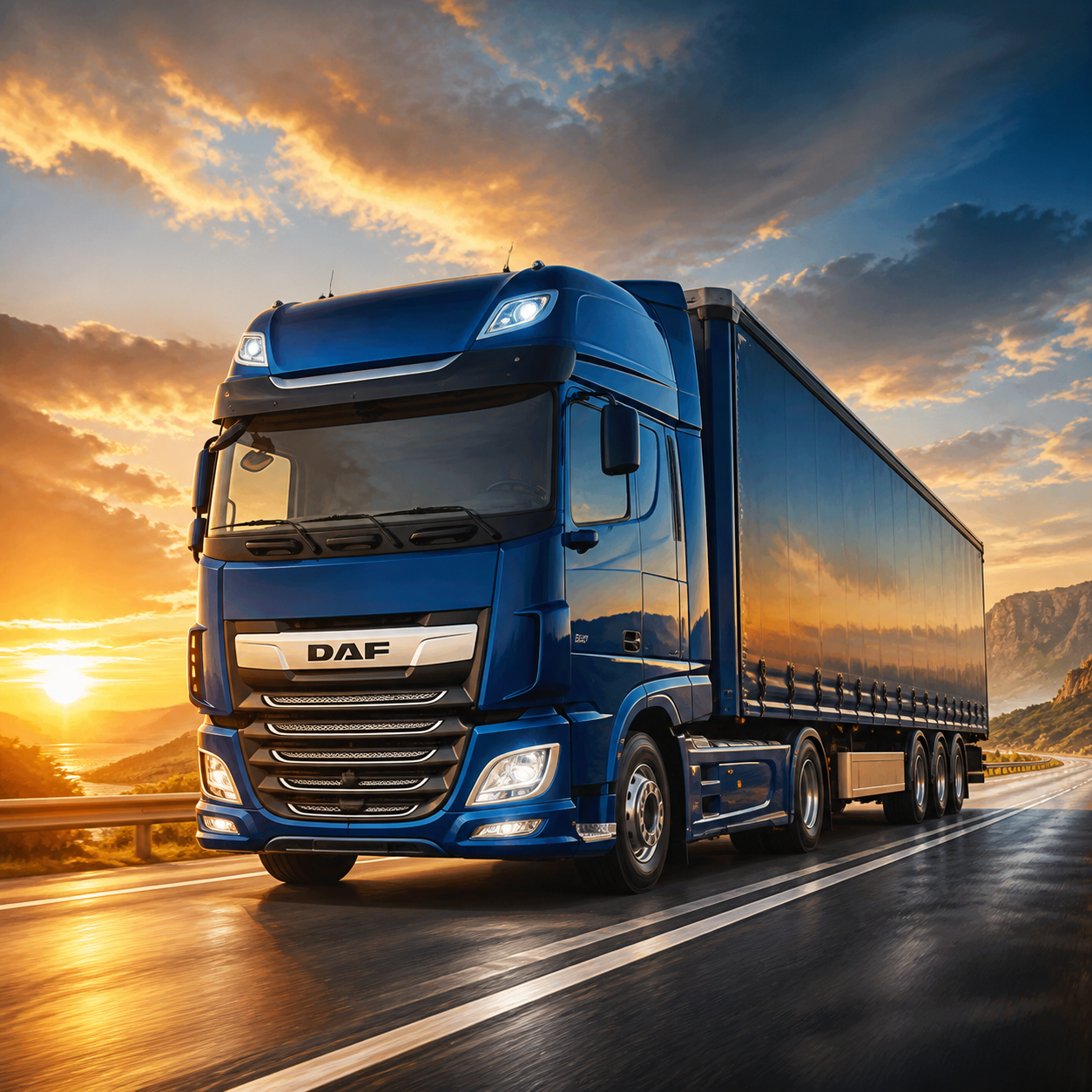 Diamond Painting DAF XG+ bij Gouden Zonsopkomst – volledig origineel vrachtwagenontwerp