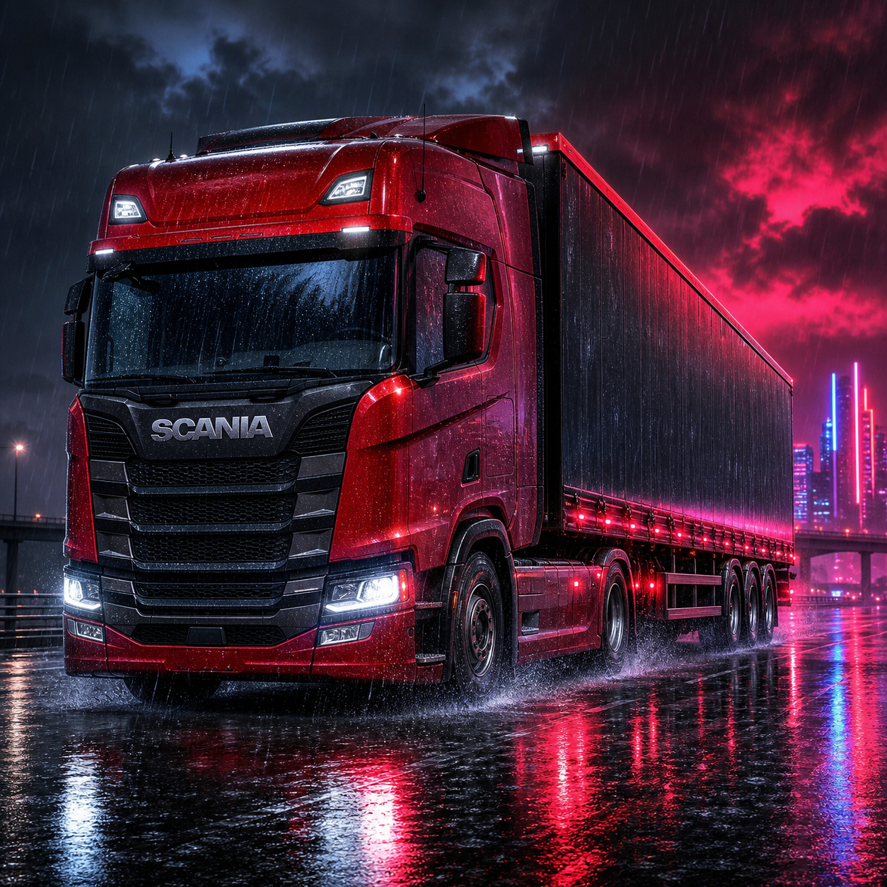 Diamond Painting Rode Scania R-series in de Regen – volledig origineel vrachtwagenontwerp
