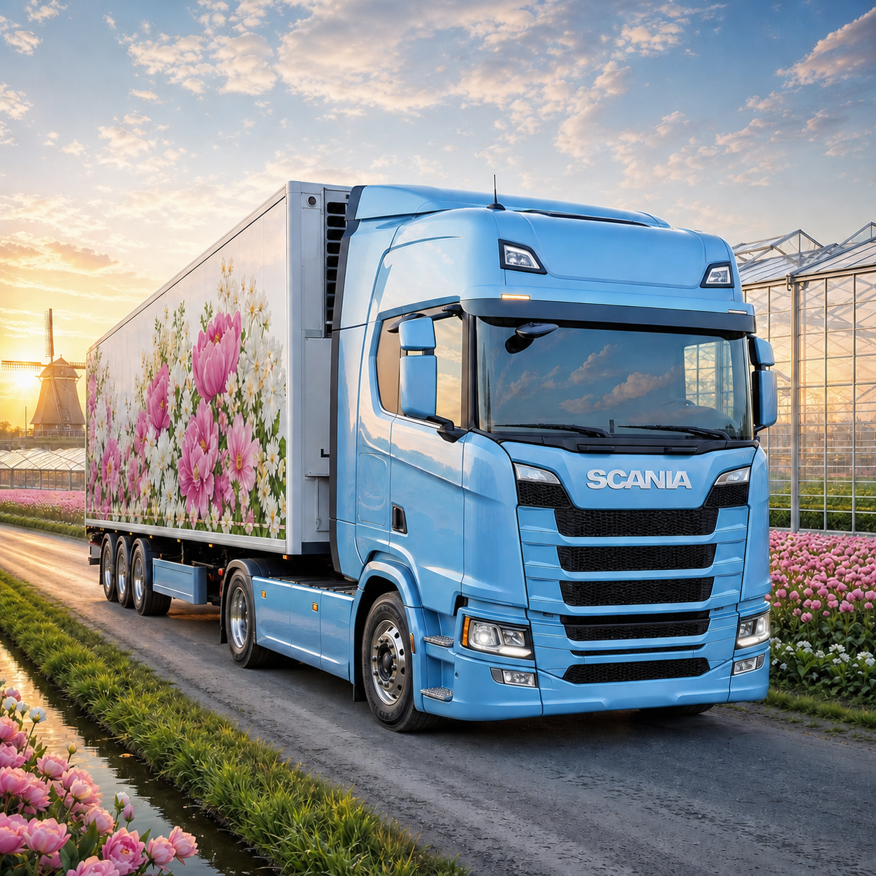 Diamond Painting Scania R-series met Bloementrailer – volledig origineel vrachtwagenontwerp