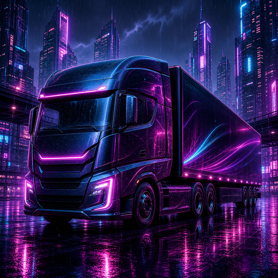 Diamond Painting Vrachtwagen in de Neonstad – volledig origineel vrachtwagenontwerp