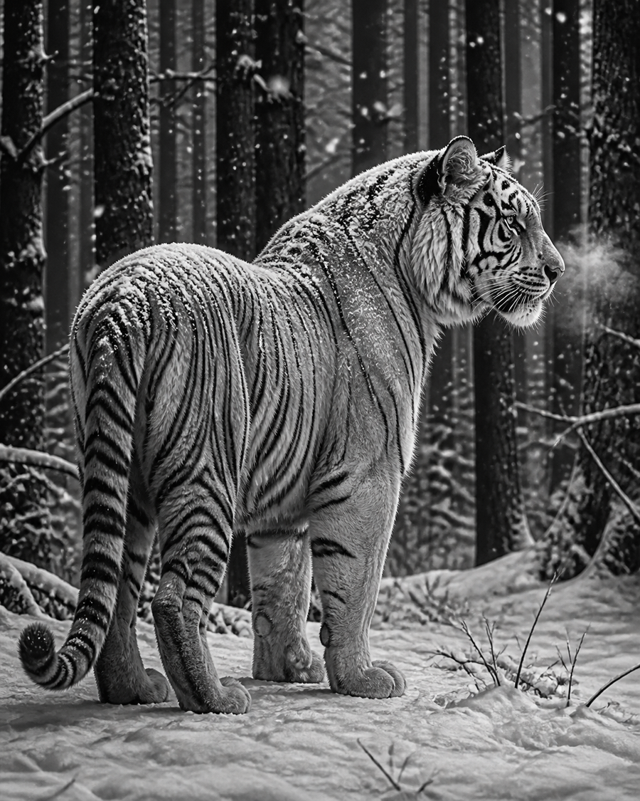 Diamond Painting Tijgerprofiel in de Sneeuw – volledig zwart-witontwerp
