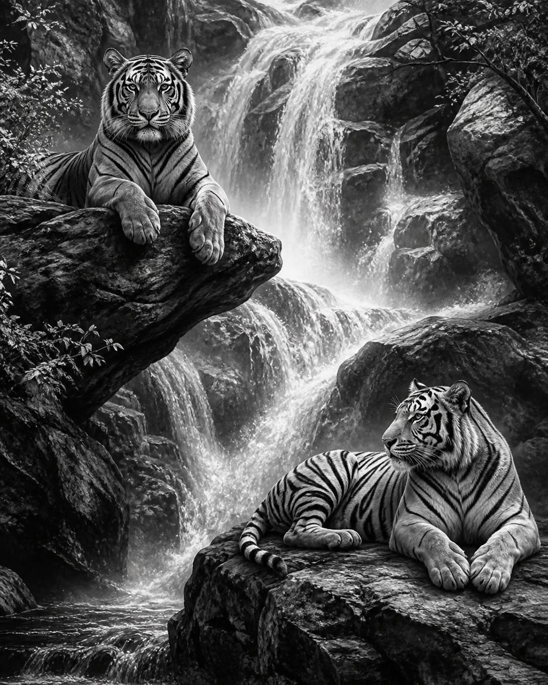 Diamond Painting Twee Tijgers op de Rotsen – volledig zwart-witontwerp