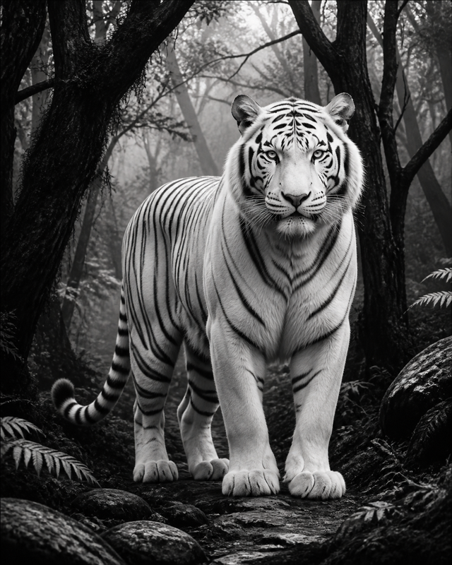 Diamond Painting Witte Tijger in het Bos – volledig zwart-witontwerp