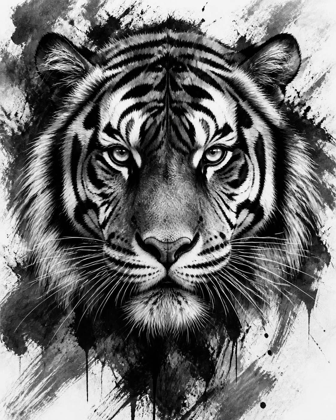 Diamond Painting Tijger met Inktspatten – volledig zwart-witontwerp