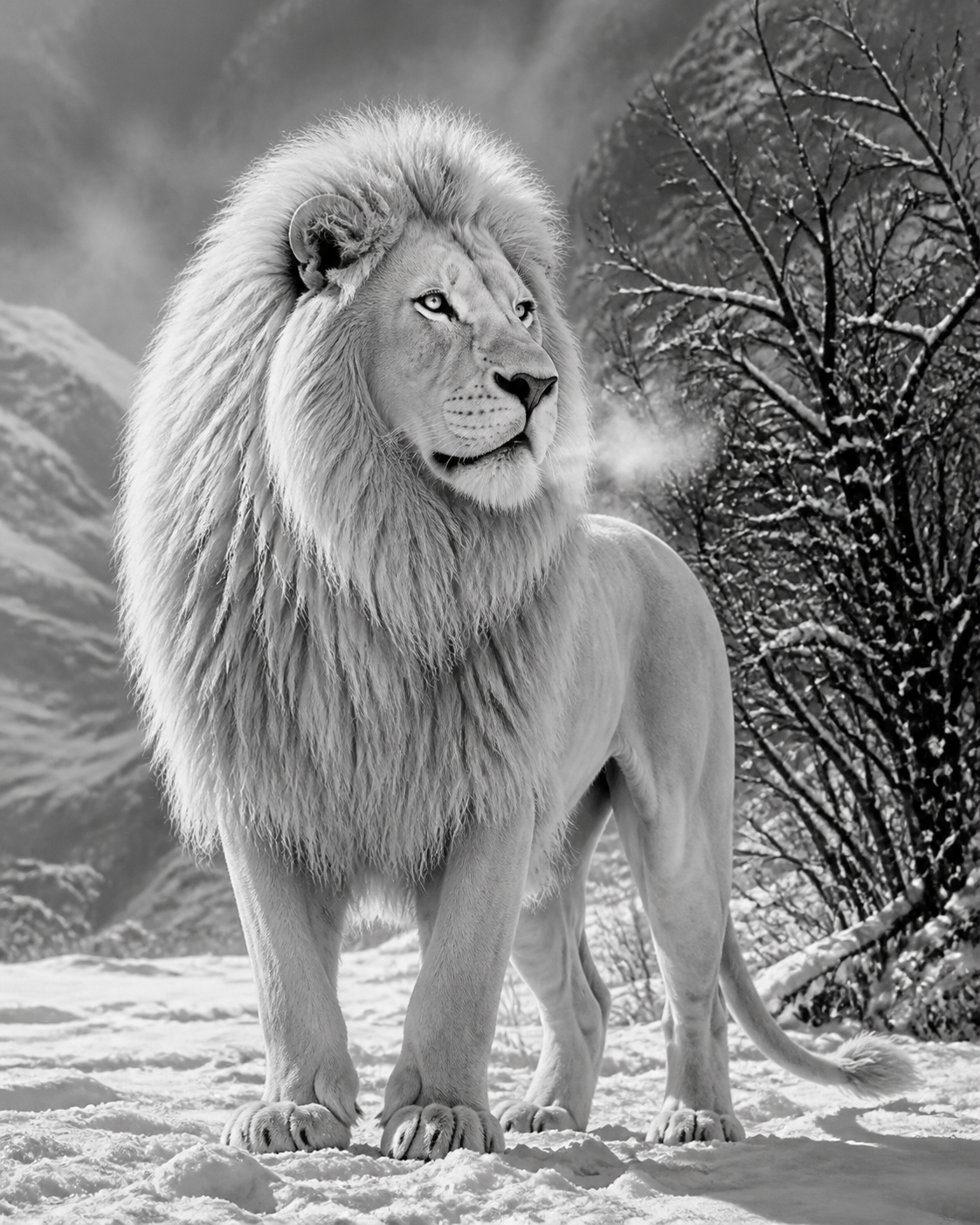 Diamond Painting Witte Leeuw in de Sneeuw – volledig zwart-witontwerp