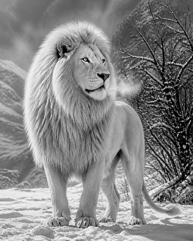Diamond Painting Witte Leeuw in de Sneeuw – volledig zwart-witontwerp