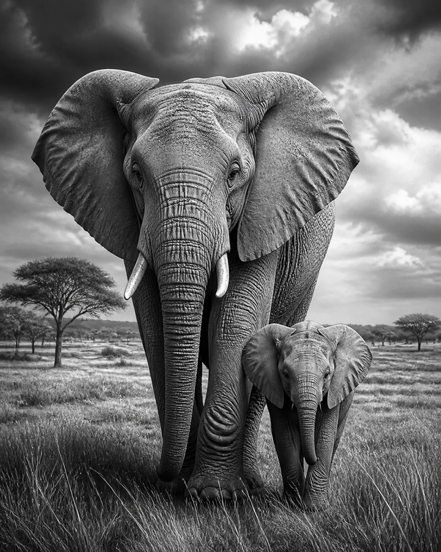Diamond Painting Olifant met Kalf Zwart Wit – volledig zwart-witontwerp