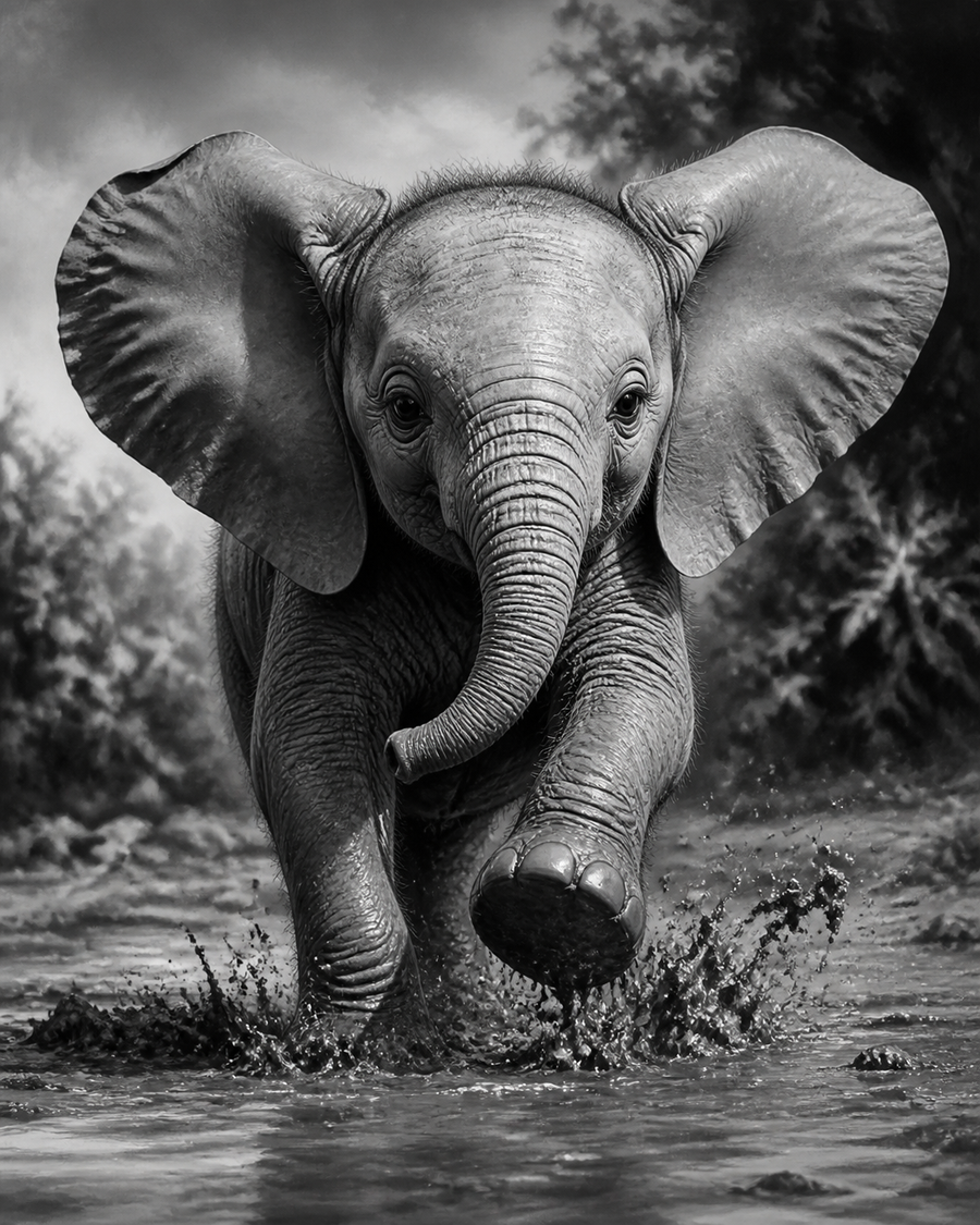 Diamond Painting Babyolifant Zwart Wit – volledig zwart-witontwerp