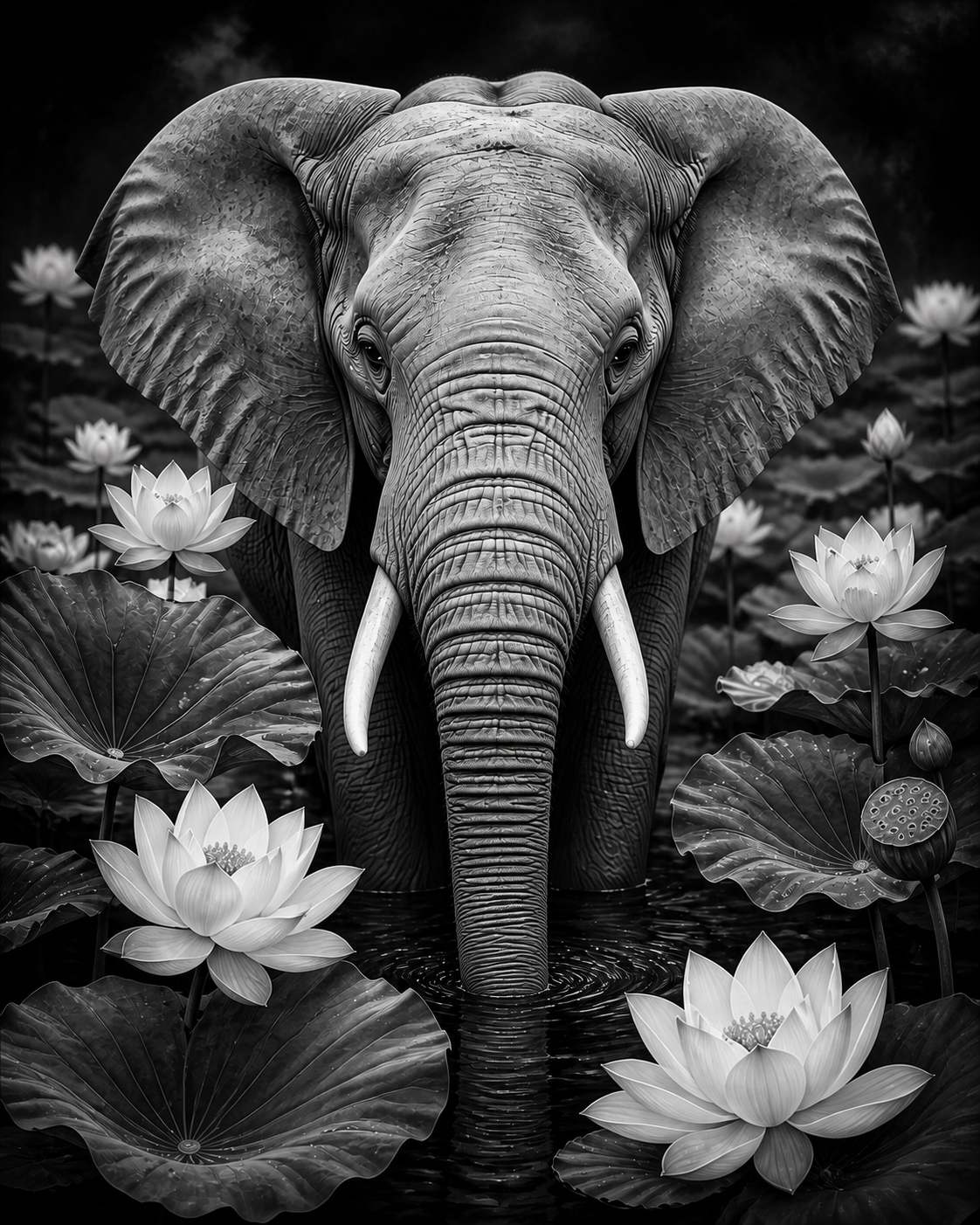 Diamond Painting Olifant met Lotusbloemen Zwart Wit – volledig zwart-witontwerp